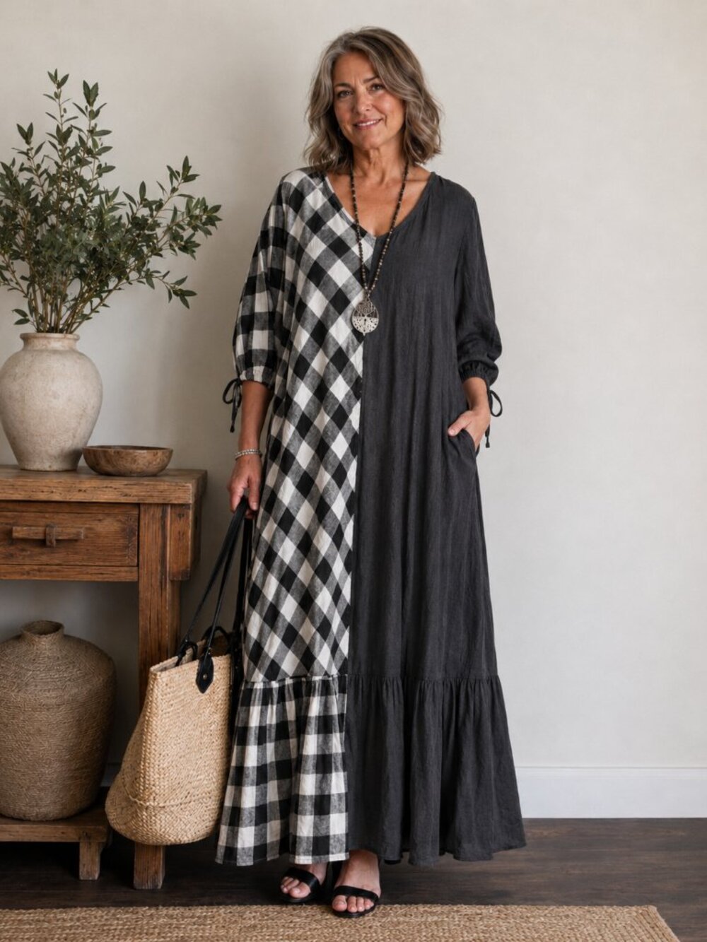 TOV Noir Sz 42 M L Black White Gingham Maxi Dress Colorblock Boho Cottagecore